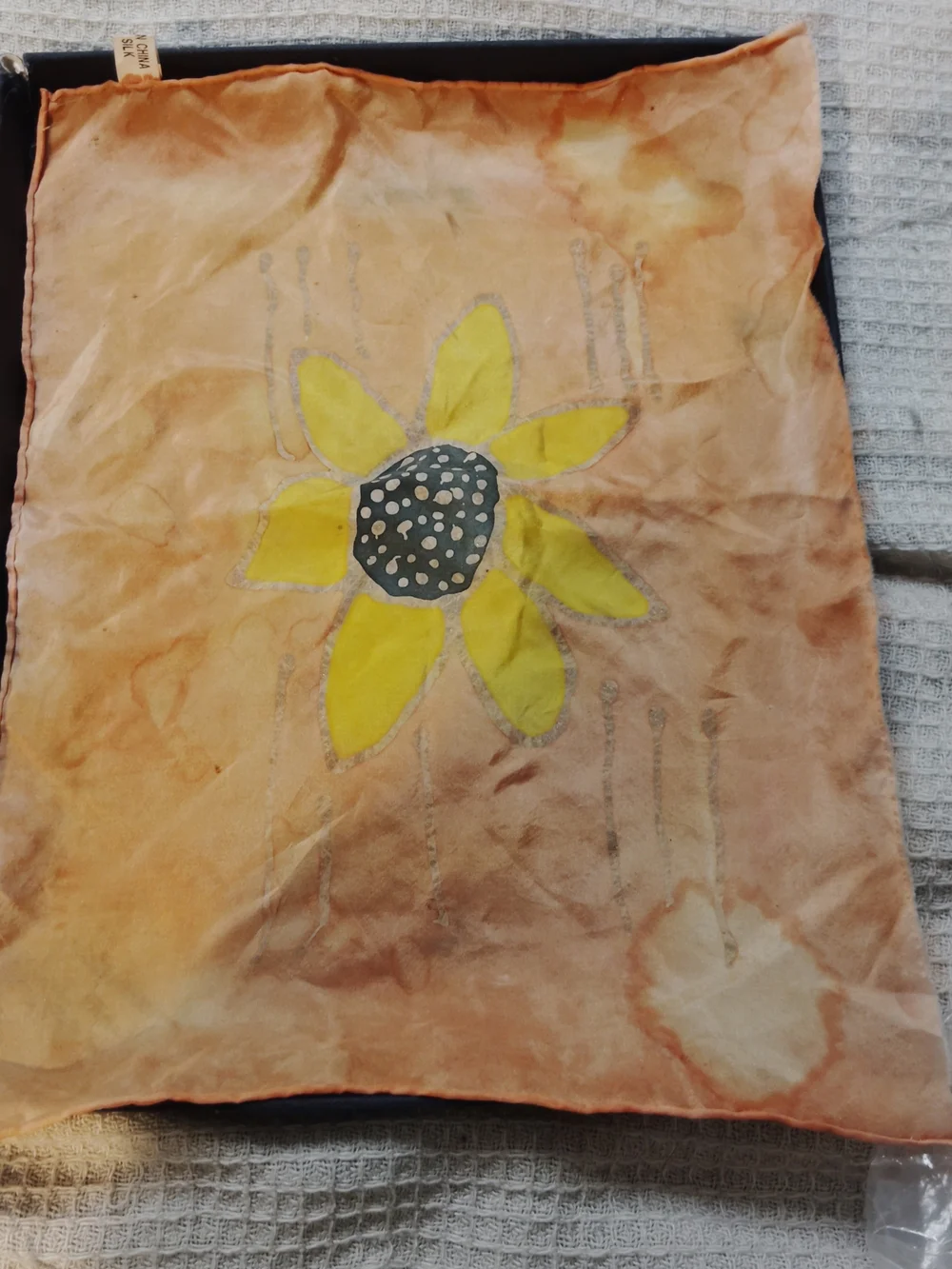 1970's Handmade Vintage Sunflower Silk Scarf in Yellow and Brown